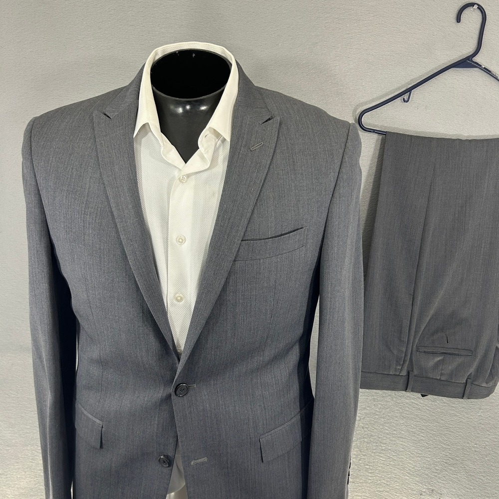 Egara Mens Suit 40L Slim 34x33 Flat Front Pant Light Gray Heathered Wool Modern
